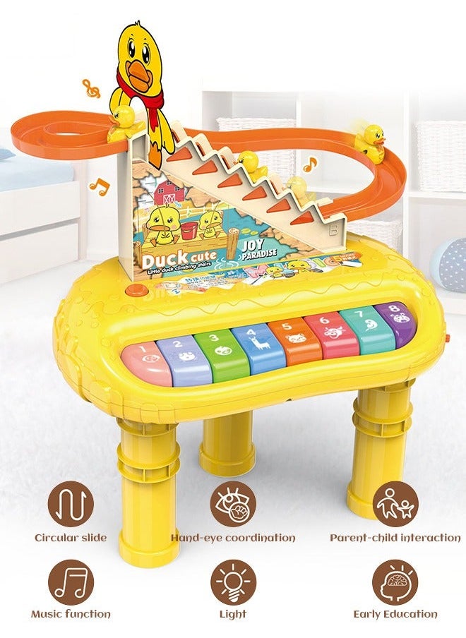 Kids Piano Keyboard, Toddlers Electronic Toys, Duck Climbing Stairs Toy Rail Car with LED Flashing Lights & Music, 3 Mini Duck, Puzzle Race Tracks Musical Instrument Toys for Children