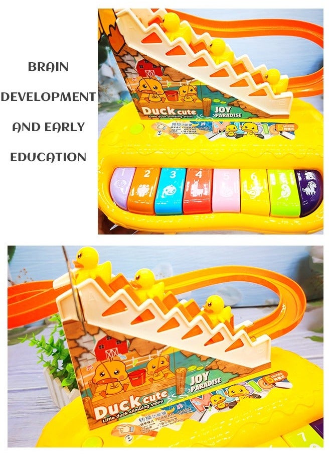 Kids Piano Keyboard, Toddlers Electronic Toys, Duck Climbing Stairs Toy Rail Car with LED Flashing Lights & Music, 3 Mini Duck, Puzzle Race Tracks Musical Instrument Toys for Children