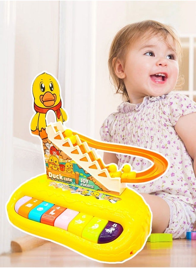 Kids Piano Keyboard, Toddlers Electronic Toys, Duck Climbing Stairs Toy Rail Car with LED Flashing Lights & Music, 3 Mini Duck, Puzzle Race Tracks Musical Instrument Toys for Children