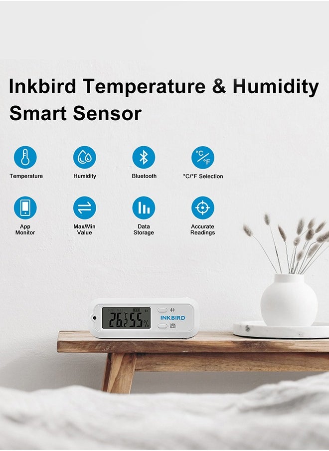 INKBIRD Thermometer and Hygrometer Bluetooth Smart Sensor ITH-12S Thermo-hygrometer Small Temperature Humidity Monitor 98ft/30m Connecting Accurate Record Readings APP Monitor