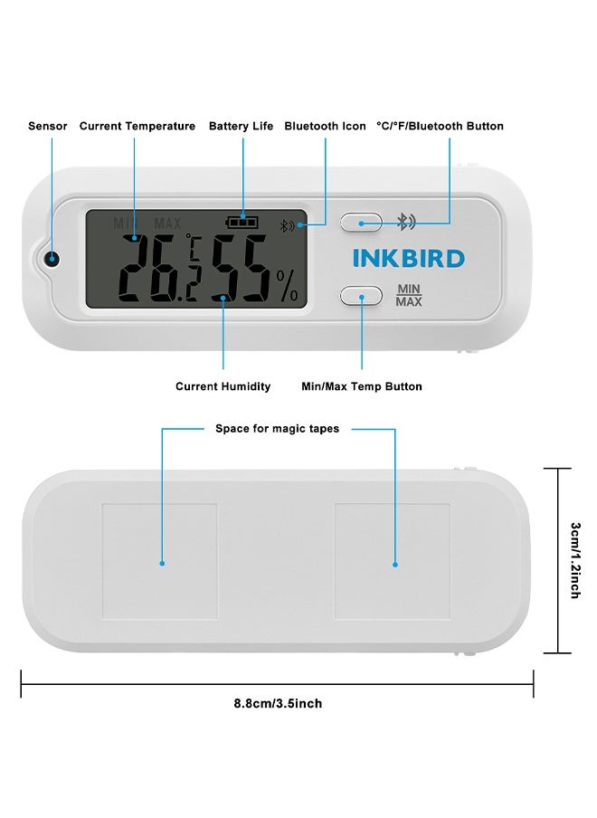 INKBIRD Thermometer and Hygrometer Bluetooth Smart Sensor ITH-12S Thermo-hygrometer Small Temperature Humidity Monitor 98ft/30m Connecting Accurate Record Readings APP Monitor