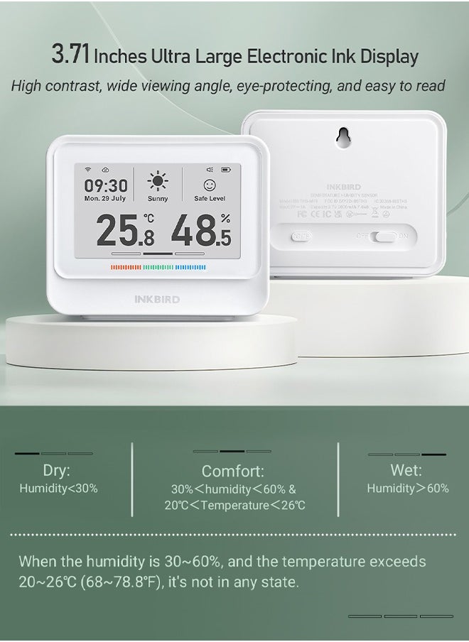 INKBIRD IBS-TH5-WIFI Indoor Temperature and Humidity 8-in-1 Monitor Home Weather Station with 3.71 Inches Electronic Ink Display Smart Alarms Indoor Air Quality Monitor 2 Years Data Cloud Storage