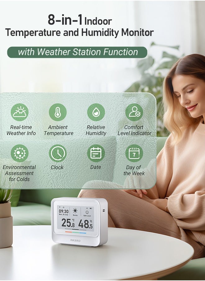 INKBIRD IBS-TH5-WIFI Indoor Temperature and Humidity 8-in-1 Monitor Home Weather Station with 3.71 Inches Electronic Ink Display Smart Alarms Indoor Air Quality Monitor 2 Years Data Cloud Storage