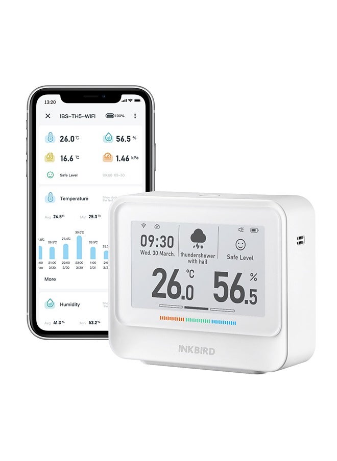 INKBIRD IBS-TH5-WIFI Indoor Temperature and Humidity 8-in-1 Monitor Home Weather Station with 3.71 Inches Electronic Ink Display Smart Alarms Indoor Air Quality Monitor 2 Years Data Cloud Storage