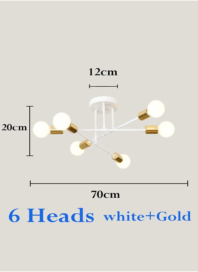 Chandelier, Modern Ceiling Lighting, 6 Lights E27 Adjustable Industrial Mount Pendant Light Fixture for Kitchen, Living Room , Dining Room, Bedroom Foyer, White Gold, Bulbs Not Included