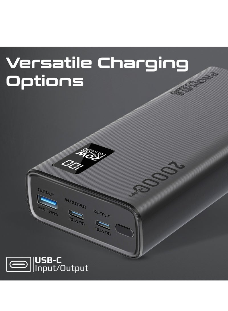 20000 mAh Universal Ultra-Slim Power Bank with 20W USB-C Input/Output Port, QC 3.0 Output, USB-C Ports, LCD Display and Over-Heating Protection for Smartphones and Tablets, Bolt-20PD Black