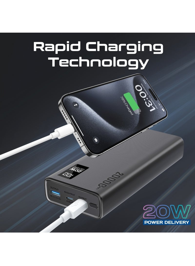 20000 mAh Universal Ultra-Slim Power Bank with 20W USB-C Input/Output Port, QC 3.0 Output, USB-C Ports, LCD Display and Over-Heating Protection for Smartphones and Tablets, Bolt-20PD Black