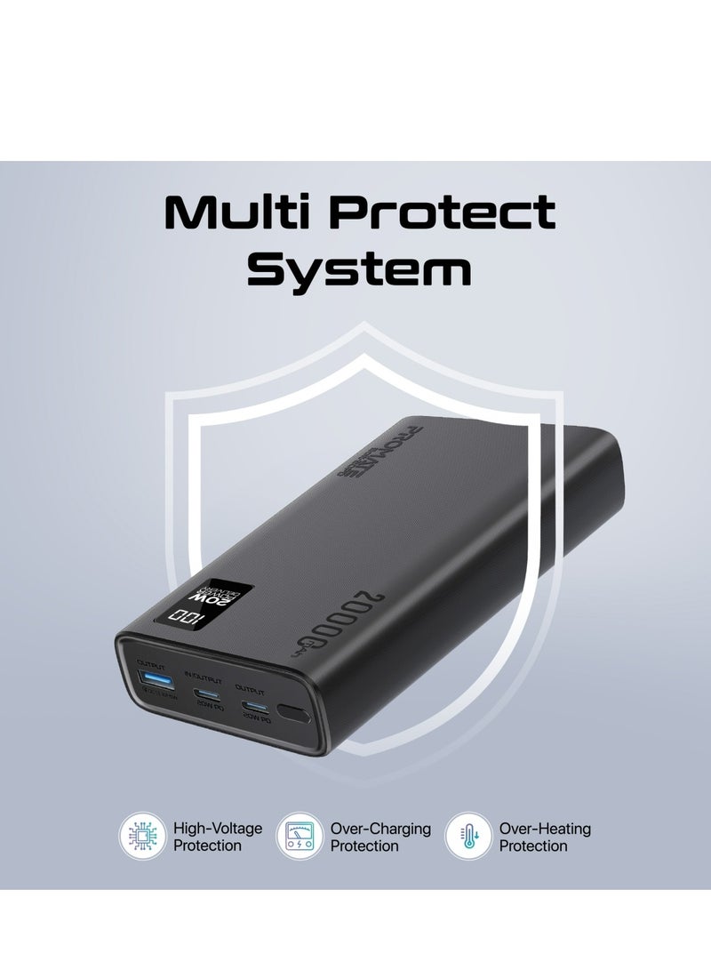 20000 mAh Universal Ultra-Slim Power Bank with 20W USB-C Input/Output Port, QC 3.0 Output, USB-C Ports, LCD Display and Over-Heating Protection for Smartphones and Tablets, Bolt-20PD Black
