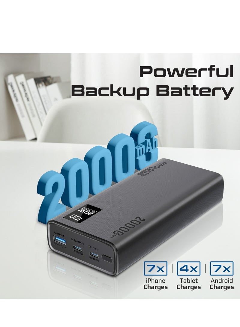 20000 mAh Universal Ultra-Slim Power Bank with 20W USB-C Input/Output Port, QC 3.0 Output, USB-C Ports, LCD Display and Over-Heating Protection for Smartphones and Tablets, Bolt-20PD Black