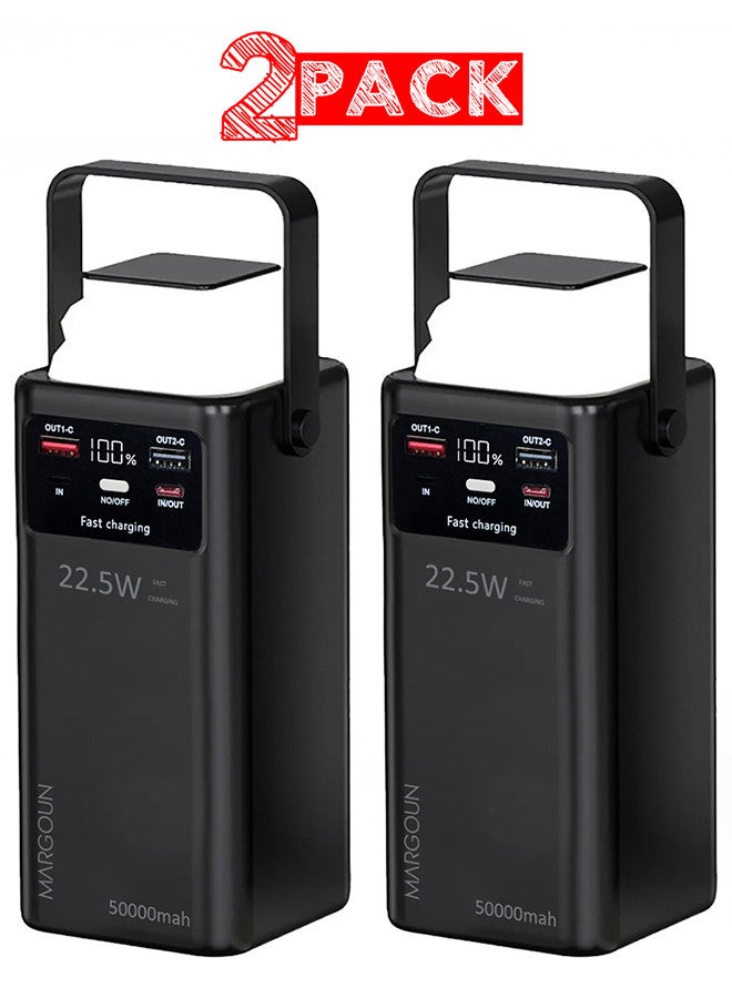 50000 mAh 2 Packs PD Power Bank with LED Display and 22.5W Fast Charging with 4 Built-in Cables and Camping Lamp - Black-2