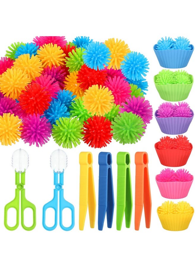 90 Pcs Fine Motor Skills Counting Sorting Sensory Bin Filler Toy Set Matching Game Include 72 Hedge Ball 4 Tweezer 2 Scissor Clip 12 Sorting Cup For Preschool Early Education Train Development