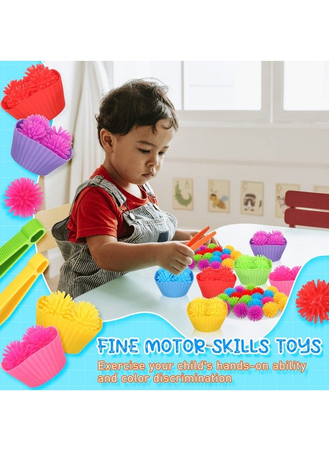 90 Pcs Fine Motor Skills Counting Sorting Sensory Bin Filler Toy Set Matching Game Include 72 Hedge Ball 4 Tweezer 2 Scissor Clip 12 Sorting Cup For Preschool Early Education Train Development