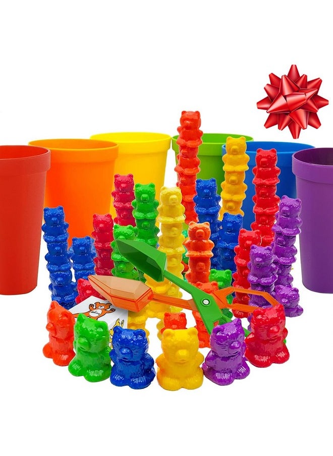 Rainbow Stacking Bears With Matching Sorting Cups 69 Piece Set, 60 Bear Counters, Scissor Tongs, Rainbow Cups, Storage Bag, Sorting Dice Game