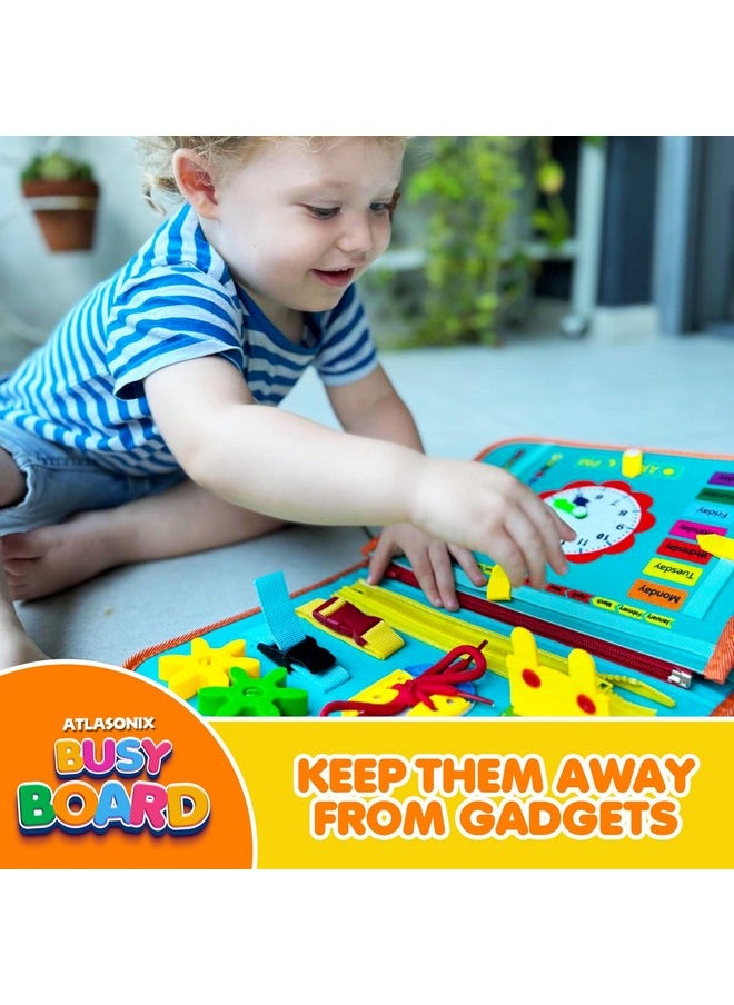 Montessori Busy Board For Toddlers - Educational Learning Toy With Zippers, Buckles, Velcro & Shapes - Travel Activity For Car Rides & Flights For Kids Toddler Busy Book