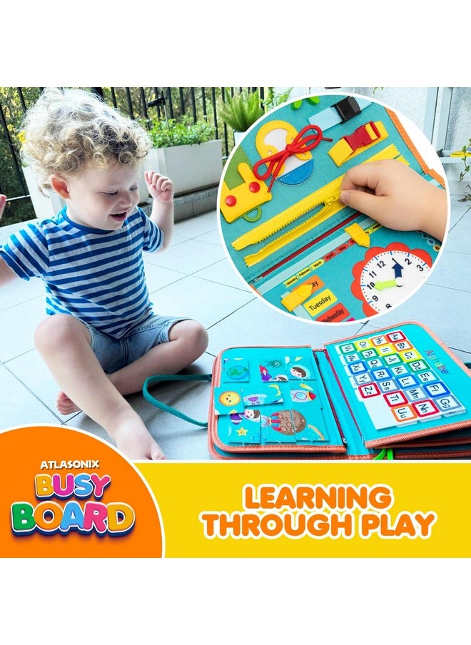 Montessori Busy Board For Toddlers - Educational Learning Toy With Zippers, Buckles, Velcro & Shapes - Travel Activity For Car Rides & Flights For Kids Toddler Busy Book