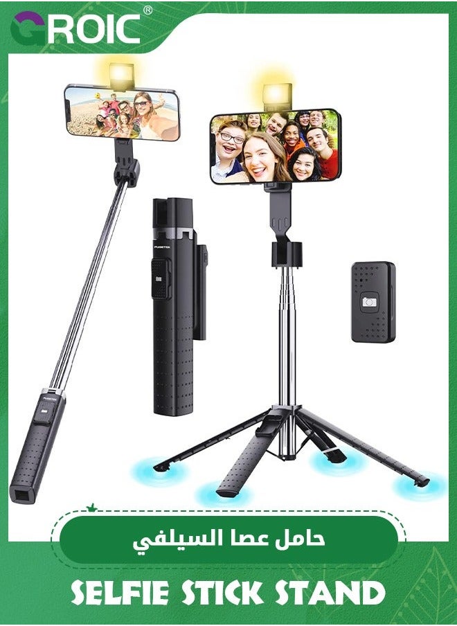 Black 40'' Lighted Selfie Stick Stand, Lightweight Phone Tripod, Wireless Bluetooth Remote, Ultra Stable 4 Legs Travel 3 Onboard Light Modes, Compatible with iPhone & Android