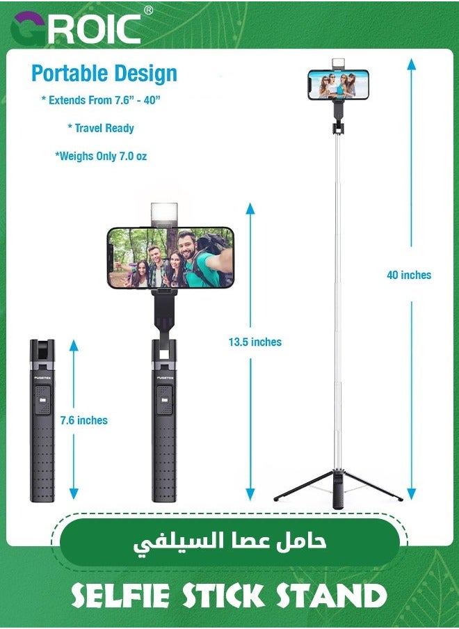 Black 40'' Lighted Selfie Stick Stand, Lightweight Phone Tripod, Wireless Bluetooth Remote, Ultra Stable 4 Legs Travel 3 Onboard Light Modes, Compatible with iPhone & Android