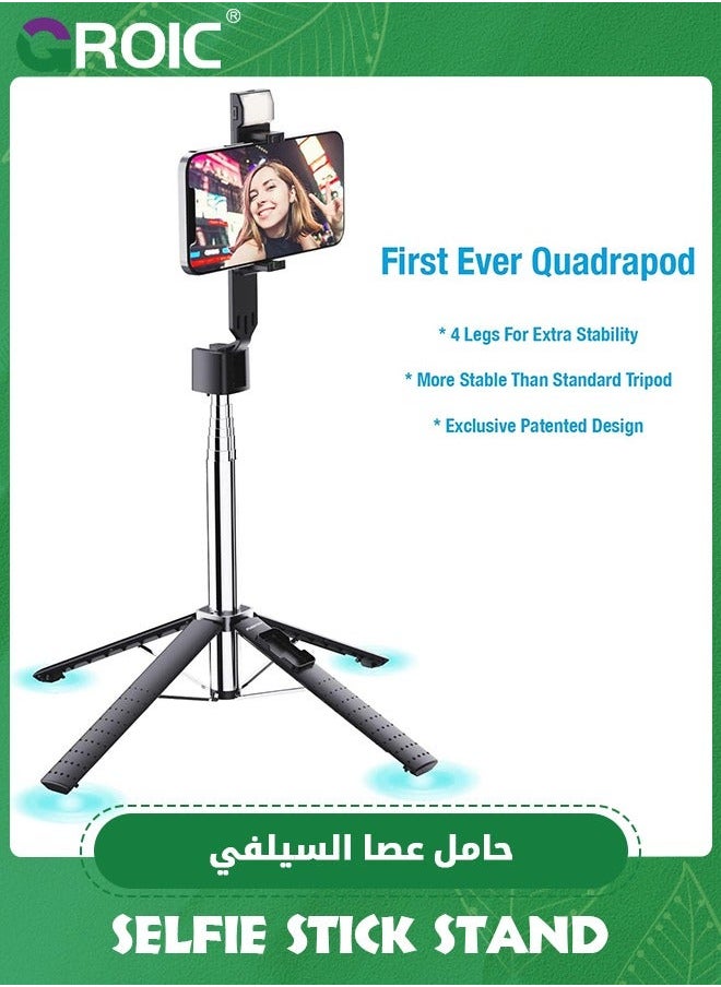 Black 40'' Lighted Selfie Stick Stand, Lightweight Phone Tripod, Wireless Bluetooth Remote, Ultra Stable 4 Legs Travel 3 Onboard Light Modes, Compatible with iPhone & Android