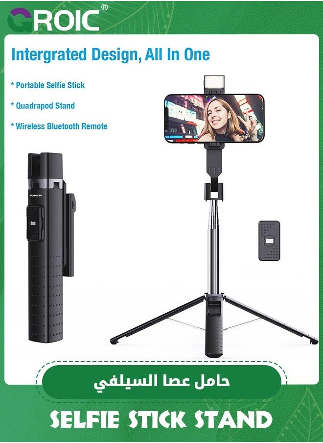 Black 40'' Lighted Selfie Stick Stand, Lightweight Phone Tripod, Wireless Bluetooth Remote, Ultra Stable 4 Legs Travel 3 Onboard Light Modes, Compatible with iPhone & Android