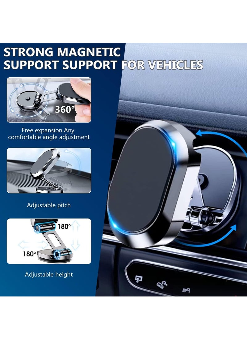 2 Pack Alloy Folding Magnetic Car Phone Holder,360° Rotation Magnetic Cell Phone Holder for Car [Super Strong Magnet] Bracket Magnetic Dashboard Phone Car Mount for All Smartphone (Silver+Black)