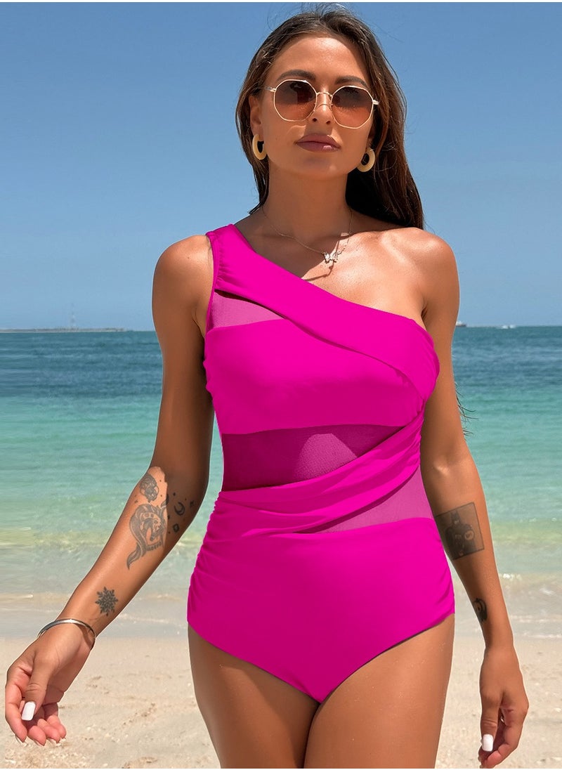 Women's Single Shoulder One Piece Swimsuit Padded Bathing Suits Rose Pink