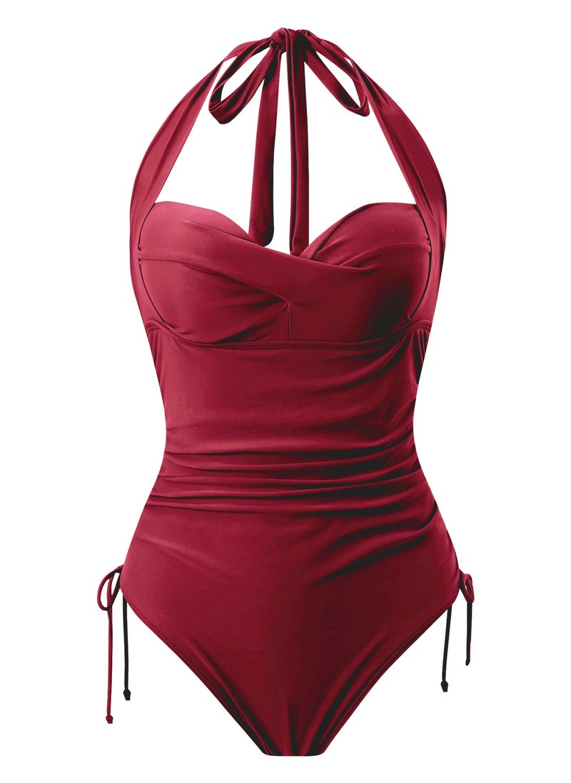 Women's One Piece Drawstring Swimsuit Halter Neck Bathing Suits Purplish Red