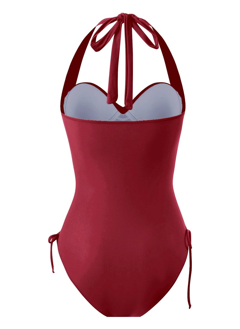 Women's One Piece Drawstring Swimsuit Halter Neck Bathing Suits Purplish Red