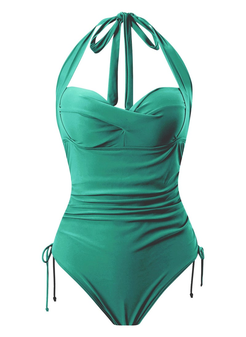 Women's One Piece Drawstring Swimsuit Halter Neck Bathing Suits Green