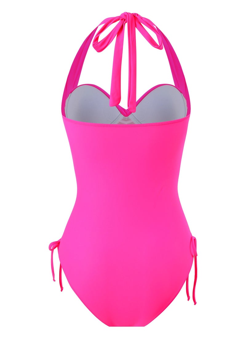 Women's One Piece Drawstring Swimsuit Halter Neck Bathing Suits Rose Pink