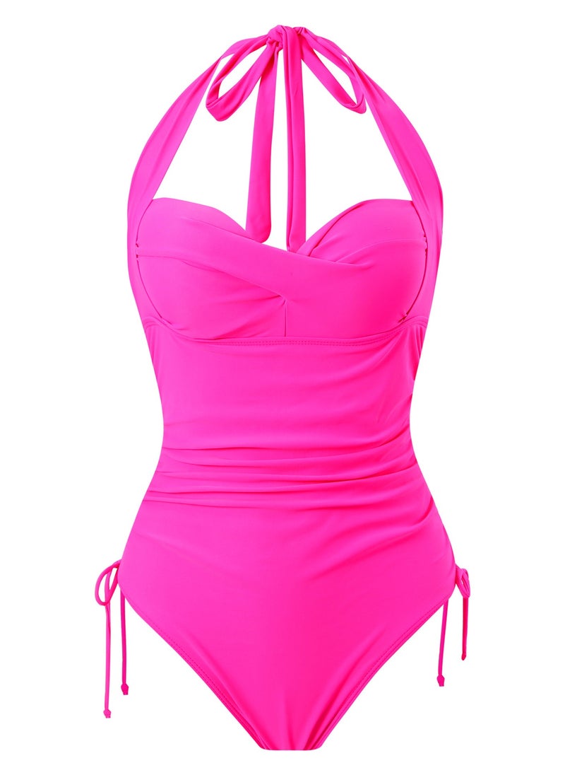 Women's One Piece Drawstring Swimsuit Halter Neck Bathing Suits Rose Pink