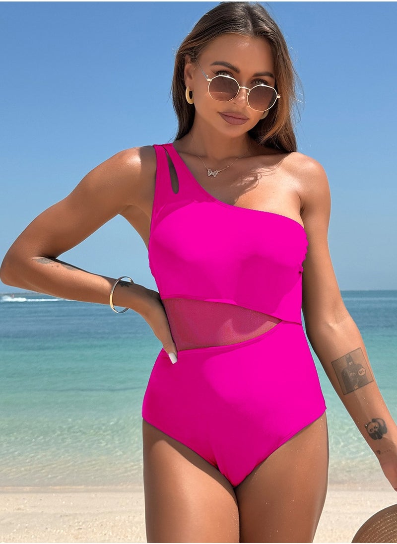 Women's Solid Color One Piece Swimsuit Mesh Stitching Single Shoulder Bathing Suits Rose Pink