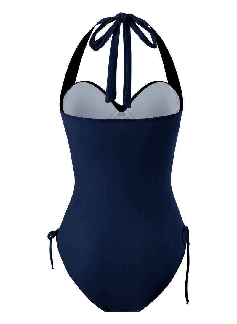 Women's One Piece Drawstring Swimsuit Halter Neck Bathing Suits Navy Blue