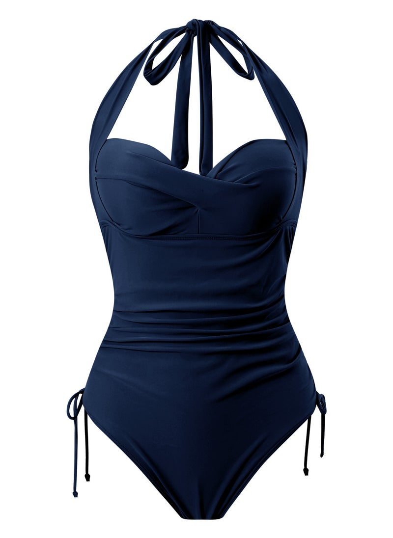 Women's One Piece Drawstring Swimsuit Halter Neck Bathing Suits Navy Blue