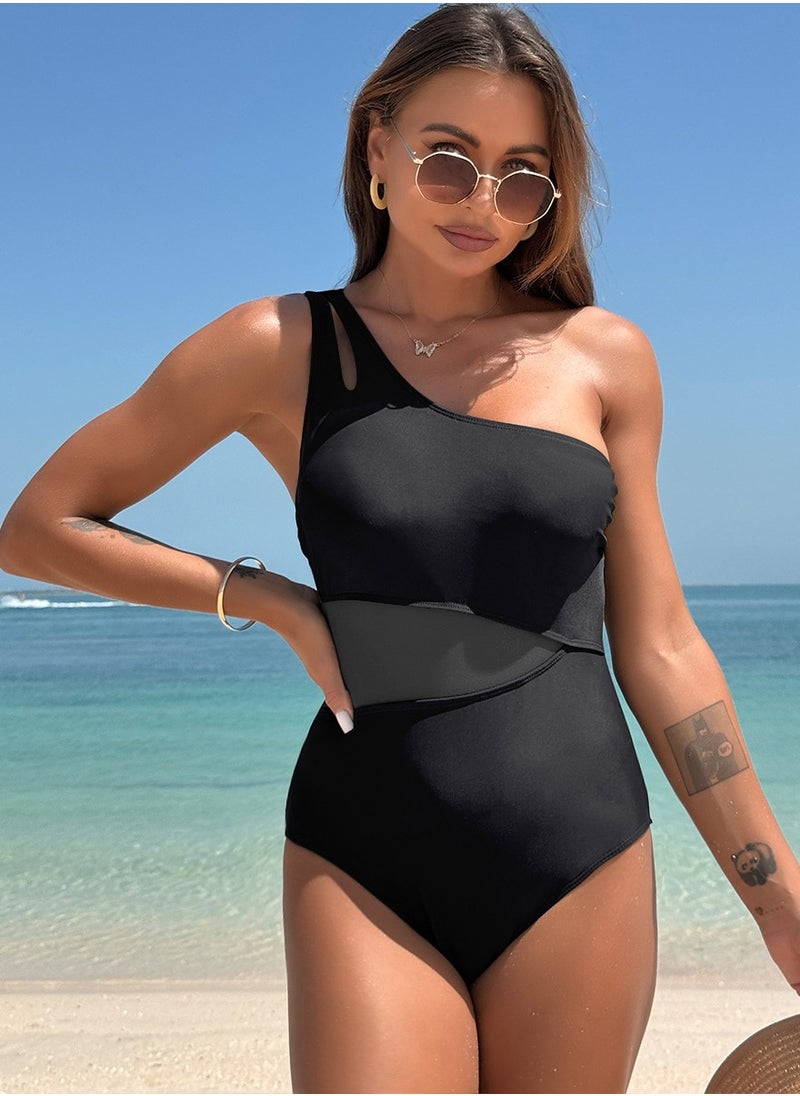 Women's Solid Color One Piece Swimsuit Mesh Stitching Single Shoulder Bathing Suits Black