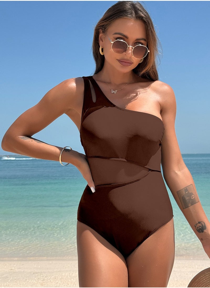 Women's Solid Color One Piece Swimsuit Mesh Stitching Single Shoulder Bathing Suits Brown