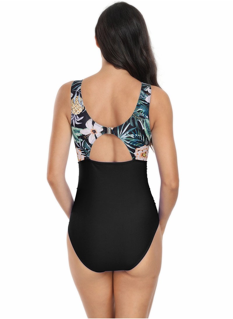 Women's Floral Printed One Piece Swimsuit Lace Stitching  Bathing Suits Black Mix