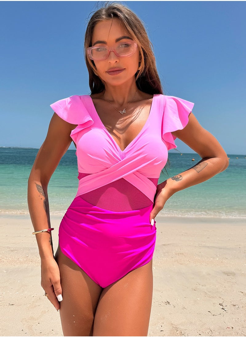 Women's One Piece Swimsuit Ruffled Sleeves V-Neck Bathing Suits Pink/Rose Pink