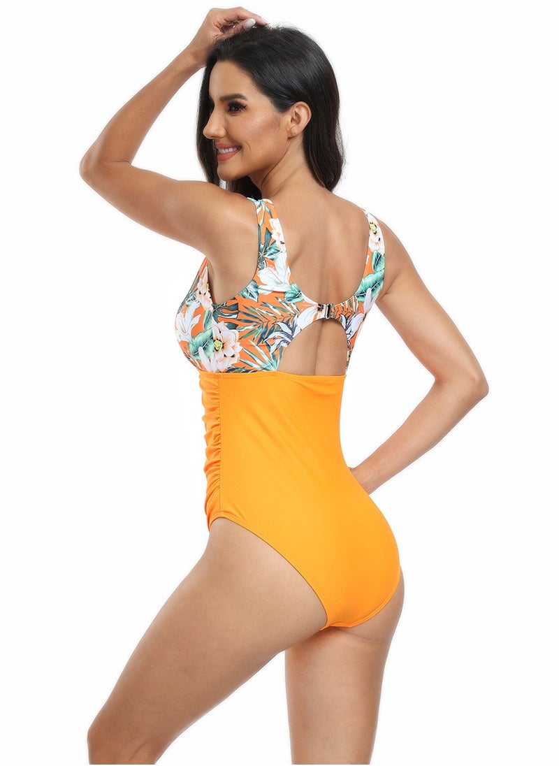 Women's Floral Printed One Piece Swimsuit Lace Stitching  Bathing Suits Orange Mix