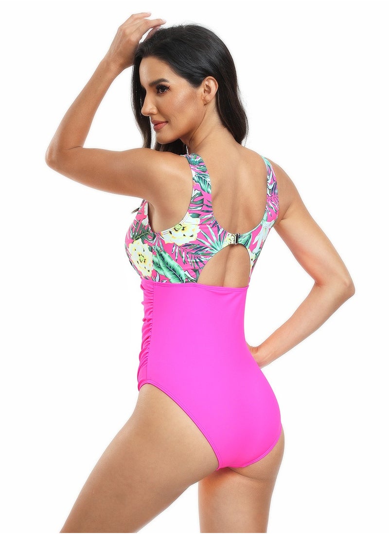 Women's Floral Printed One Piece Swimsuit Lace Stitching  Bathing Suits Rose Pink Mix