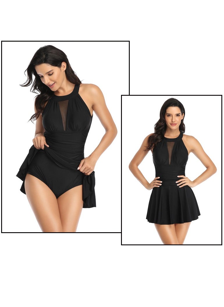 Womens Solid  Color Swimsuits Tummy Control Swim Dress One Piece Swimwear Bathing Suits Black