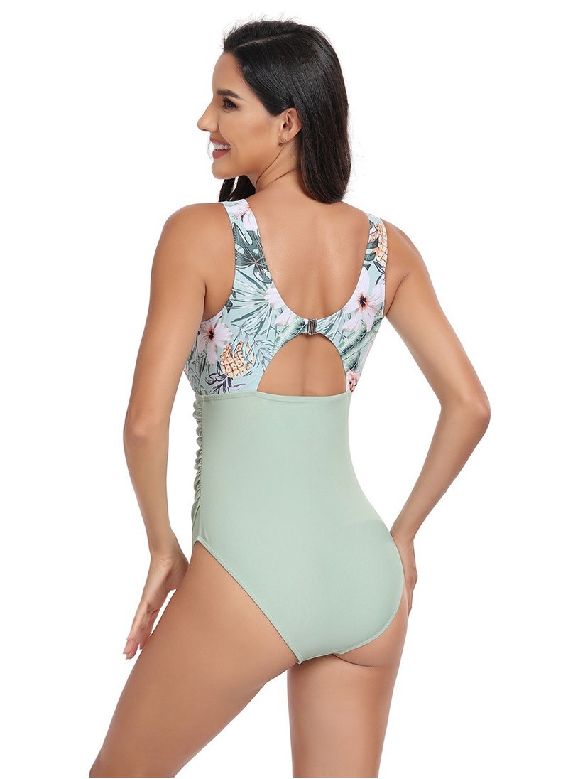 Women's Floral Printed One Piece Swimsuit Lace Stitching  Bathing Suits Pale Green Mix