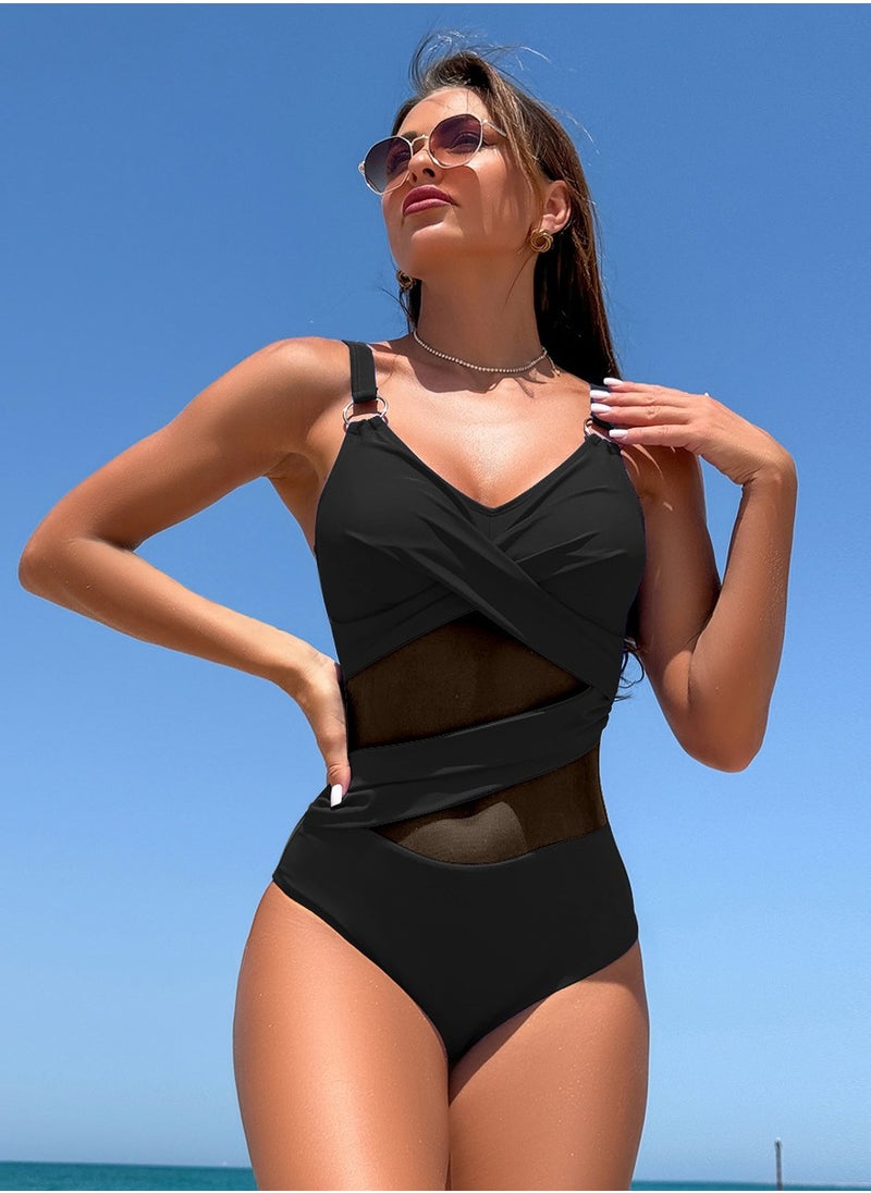 Women's Solid Color Mesh Stitching One Piece Swimsuit V-Neck Metal Rings Straps Bathing Suits Black