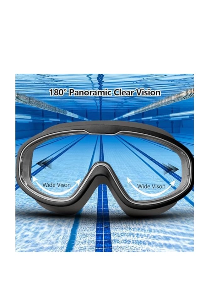 Large Frame Swimming Goggles Set 5PCs, Includes Goggles, Swim Cap, Nose Clip, Earplugs, Eyewear Case Anti Fog Waterproof Adjustable UV Protection (Blue)