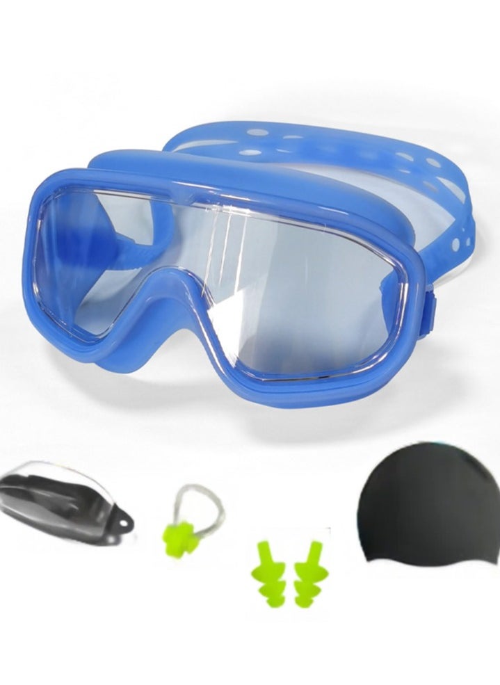 Large Frame Swimming Goggles Set 5PCs, Includes Goggles, Swim Cap, Nose Clip, Earplugs, Eyewear Case Anti Fog Waterproof Adjustable UV Protection (Blue)