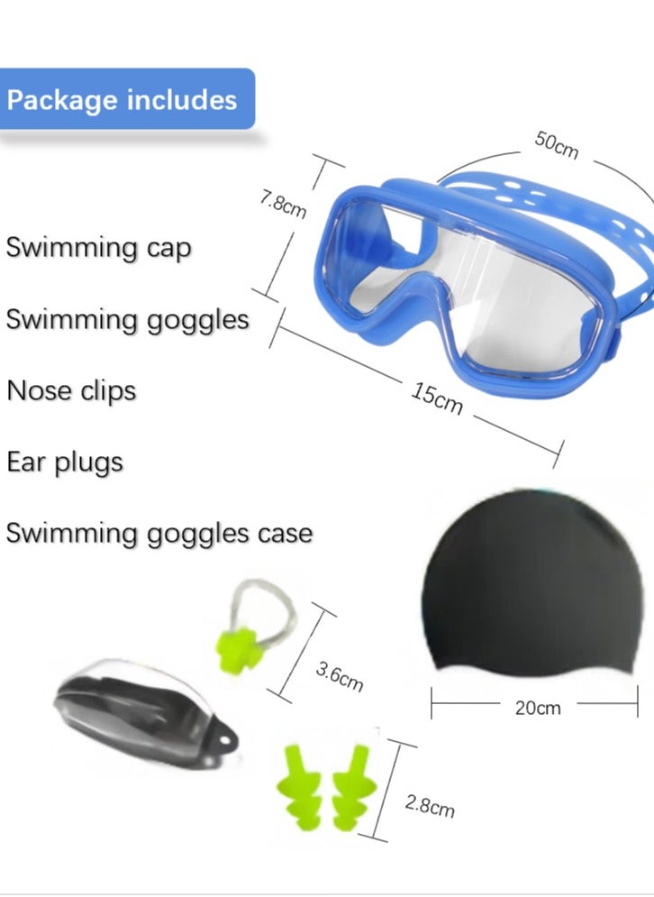 Large Frame Swimming Goggles Set 5PCs, Includes Goggles, Swim Cap, Nose Clip, Earplugs, Eyewear Case Anti Fog Waterproof Adjustable UV Protection (Blue)