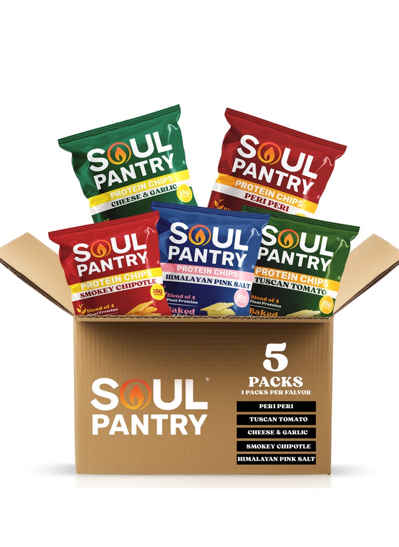 Soul Pantry Chips Variety Pack – Smokey Chipotle, Tuscan Tomato, Peri Peri, Cheese & Garlic, Himalayan Pink Salt – 75g Protein, High Protein, Low-Calorie Vegan Snack(Pack 10, 5 Falvors)