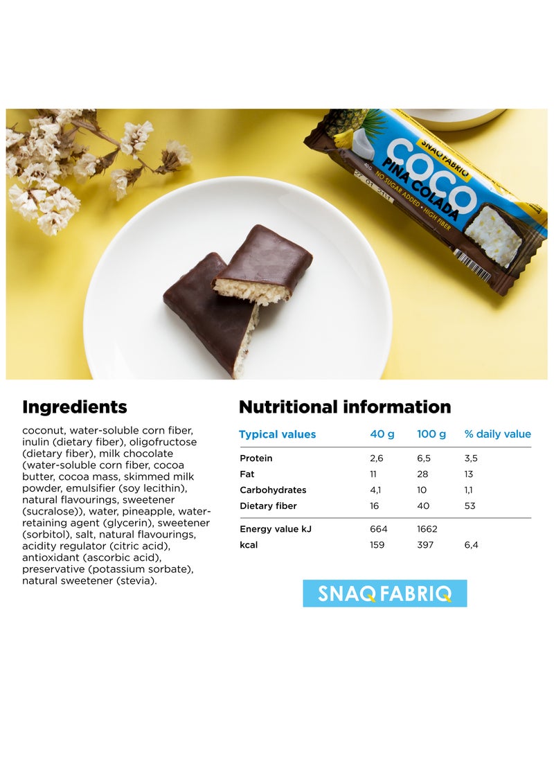 Coco Bar Pina Colada Flavor No Sugar Added and High Fiber 12x40g