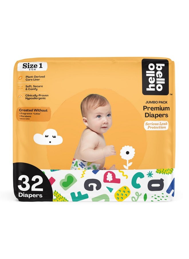 Premium Baby Diapers Size 1 I 32 Count Of Disposable, Extra-Absorbent, Hypoallergenic Baby Diapers With Snug And Comfort Fit I Alphabet Soup