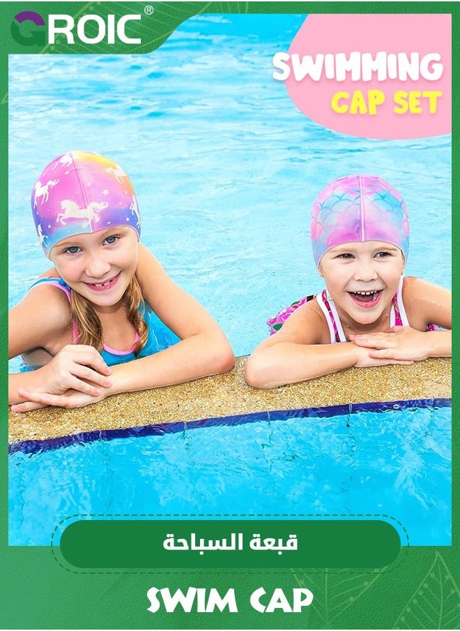 2 Pack Kids Swim Cap Durable Silicone Caps for Boys Girls Toddler Waterproof Bathing Pool Swimming Comfortable Mermaid Unicorn Hats Long and Short Hair