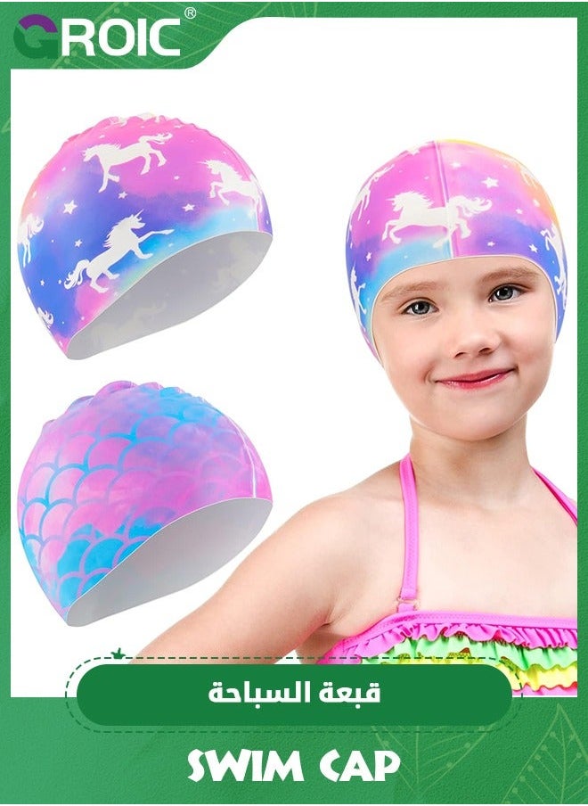 2 Pack Kids Swim Cap Durable Silicone Caps for Boys Girls Toddler Waterproof Bathing Pool Swimming Comfortable Mermaid Unicorn Hats Long and Short Hair